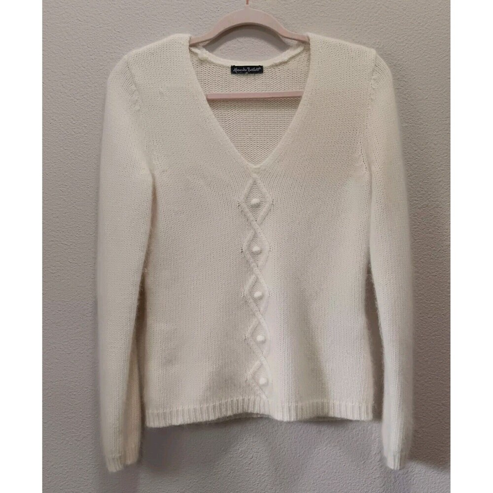 Alexandra Bartlett Sweater Medium V Neck Cable Knit Soft White